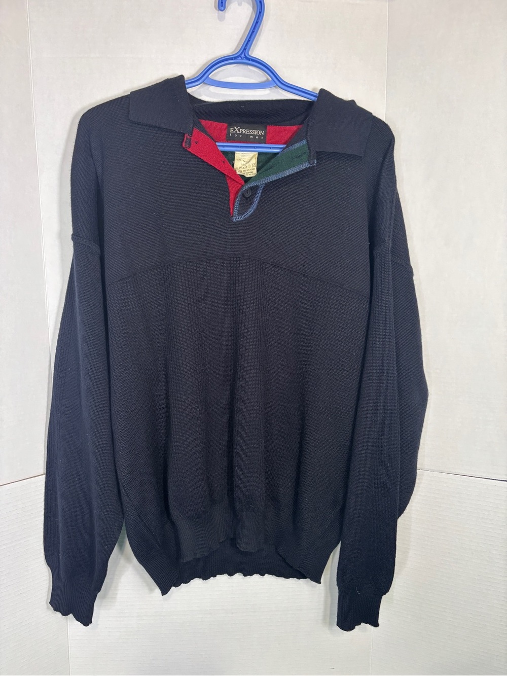 Expression for Men Navy V-Neck Knit Sweater with Red & Green Button Trim